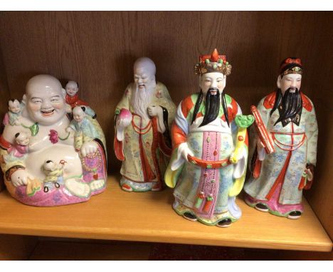 Group of Chinese ceramics and works of art, including a jadeite carving of birds, a smiling buddha, a cloisonné bowl, figures