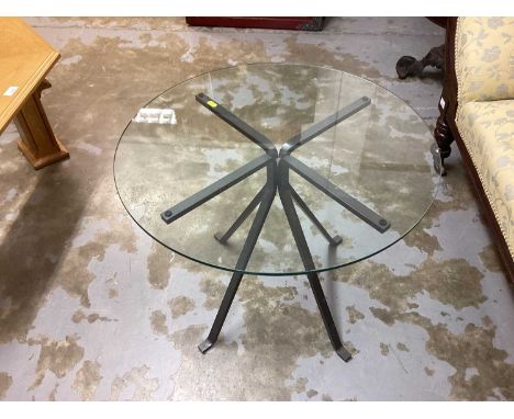 Round glass top coffee table on metal stand, together with a light oak table top cabinet and a folding rattan screen (3)