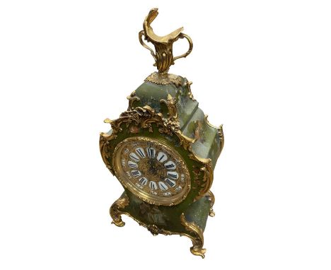 French mantel clock in Vernis-Martin and ormolu case, 54cm high No keys present, some scratching and minor marks to the case 