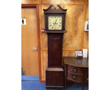 Antique oak longcase clock with painted dial, complete with winding handle, pendulum and weightsOverall height is 202cmThe di