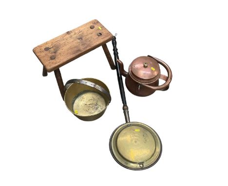 Antique milking stool and a collection of antique copper ware and metal ware