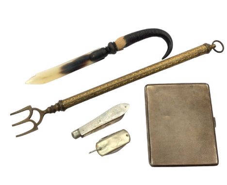 Silver cigarette case, silver and mother of pearl fruit knife, one other folding knife, horn letter opener and a metal fork 