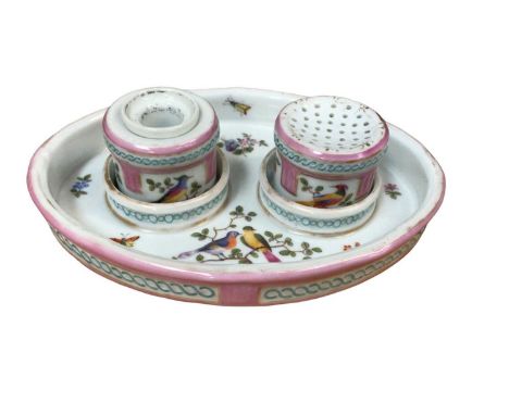 Continental porcelain inkstand with well and sander, decorated with birds, flowers and insects on a pink and blue ground, ind