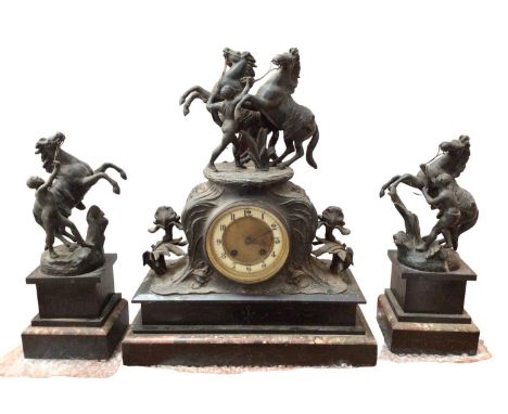 Antique black slate and marble clock garniture with spelter figure and horse surmounts