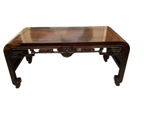 Antique Chinese hardwood low table, with scroll ends and pierced frieze carved with stylised bats, 89cm wide x 44cm deep x 40