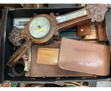 Carved oak aneroid barometer, leather case and sundries - 1 box