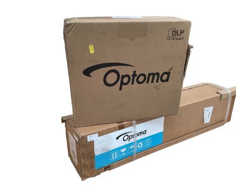 Optoma HD29HST DLP Projector together with Optoma Portable pull up screen, model number DP-9092MWL. New Boxed and sealed.