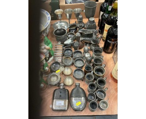 Collection of pewter items to include toast rack, tea caddy, salt cellars and sundry items.