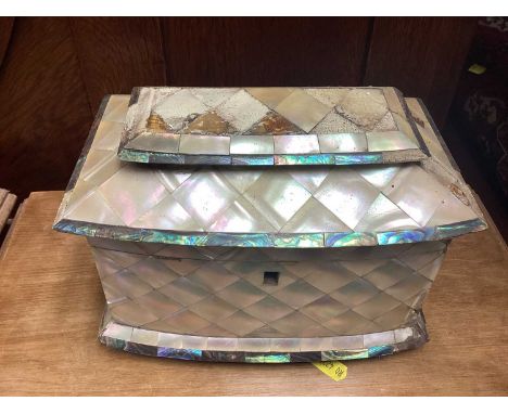 Victorian bow front mother of pearl tea caddy together with a Victorian brass bound walnut jewellery boxMother of pearl one i