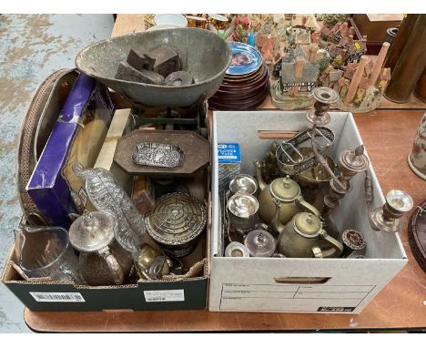 Victorian silver pin dish, together with silver plated and other metalware to include a set of kitchen scales and candelabra.