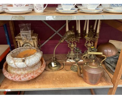 Collection of brassware to include candlesticks, copper kettle, mantel clock and other items.