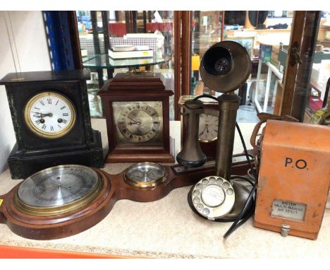 Black slate mantel clock, two other mantel clocks, a contemporary wall barometer, vintage style telephone and a meter multi-r