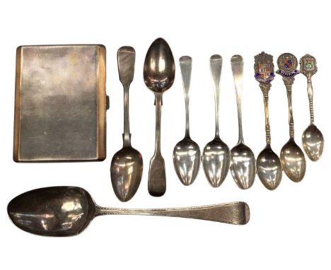 Silver cigarette case, Georgian silver tablespoon and other silver flatware
