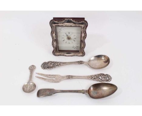 R. Carr silver framed time piece, pair of Continental silver salad servers, Continental silver caddy spoon and a plated table
