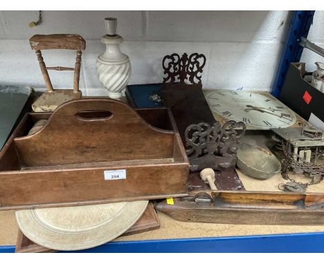 Antique cutlery tray, 19th century clock dial and movement and sundry items