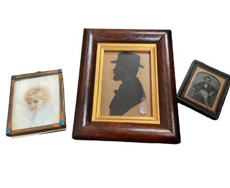 Miniature portrait on faux ivory, silhouette and a daguerreotype