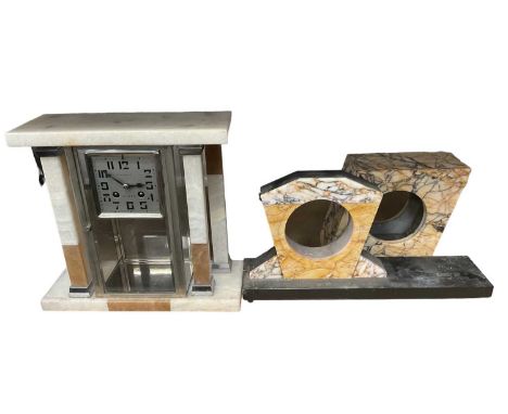 Art Deco clock in marble, chrome and alabaster case, together with two Art Deco marble clock cases (3)