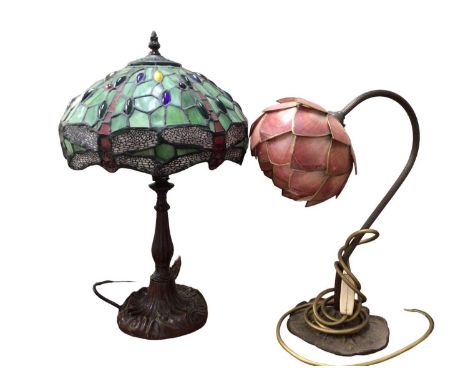 Tiffany style table lamp with green glass shade and dragonfly decoration, together with one other table lamp (2)