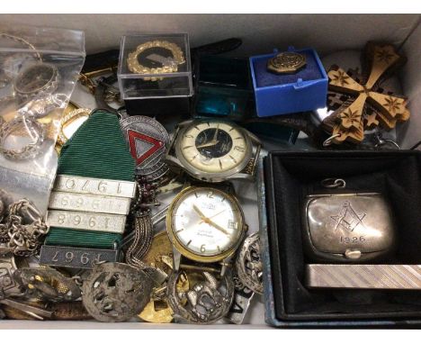 1920s silver Masonic patch box, silver tie clip, other silver jewellery, various wristwatches, badges, pins and sundries