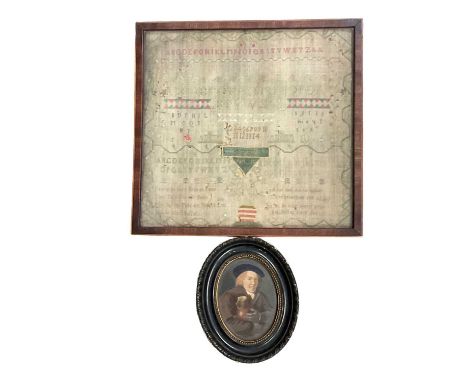 Georgian silkwork sampler, signed G Goodchild, Aged 11, 1801, in glazed frame, together with an oval portrait print in glazed