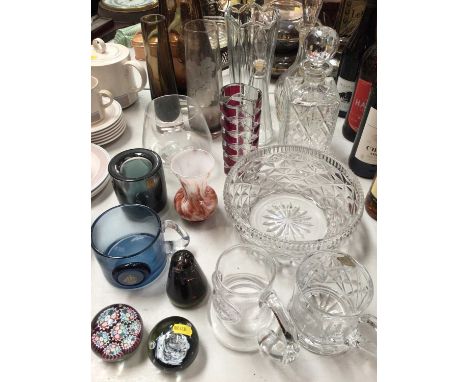 Whitefriars 'hambone' cinnamon glass vase, Caithness vase, cut glass decanters, other glassware and three paperweights