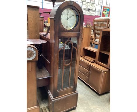 Art Deco 1930s longcase clock with chiming movement with three weights and pendulum in oak case (woodworm to the case)