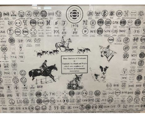 Unusual print of hunt buttons, glazed frame, total size 53 x 67cm