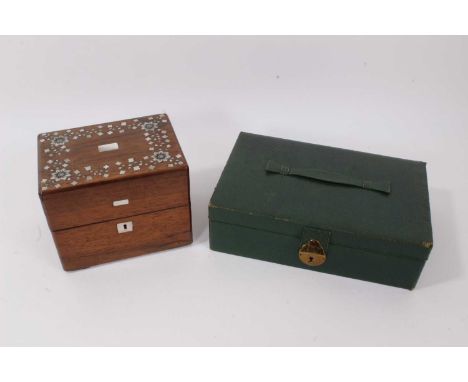 Victorian rosewood and mother of pearl inlaid tea caddy/card box, 15cm wide, together with an early 20th century green leathe