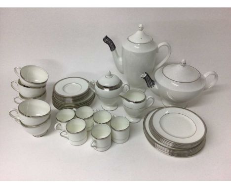 Wedgwood Carlyn pattern silver-banded tea and coffee set, comprising teapot, coffee pot, sugar pot, cream jug, six side plate