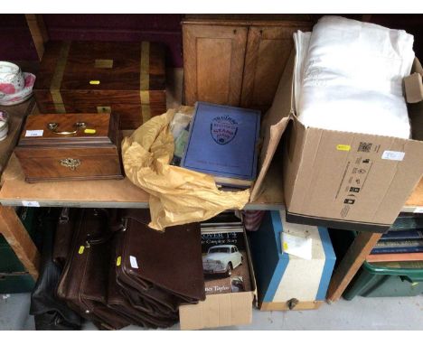 Victorian tea caddy, writing slope and humidor, together with stamps, linen, leather cases, a sewing machine and automobilia 