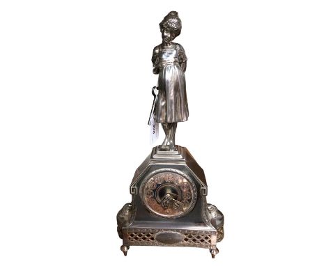 Early 20th century silver plated clock with female figure surmount, 33.5cm high