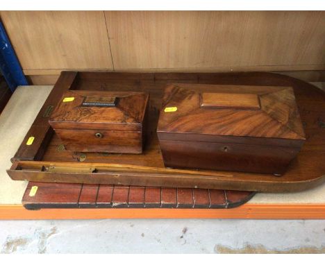 Two Victorian sarcophagus shape tea caddies, antique mahogany 'shove ha'penny' board and a 1930s bagatelle board (4)
