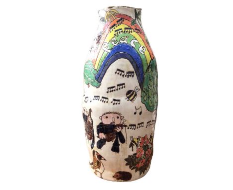 Pottery vase decorated in the style of Grayson Perry, apparently unsigned, 38cm high