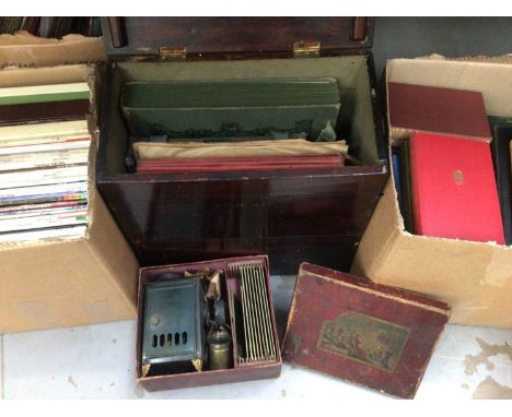 Vintage magic lantern and slides in box, various cameras, books and LP records