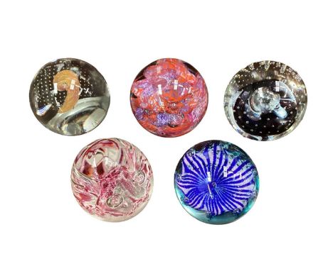 Five Caithness paperweights - Petunias, Gentleheart and Moonflower by Colin Terris, Brimstone by Alastair MacIntosh and Refle