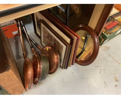 American regulator wall clock, three copper warming pans and group of mixed prints.