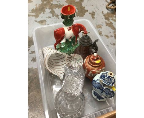 Group of antique ceramics, including Staffordshire and Delftware, together with two glass decanters and silver plated candles