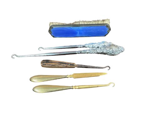 Silver and guilloche brush, button hooks etc