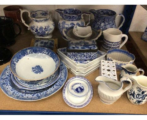Group of antique and later blue and white ceramics, including a Delftware box and tile, pearlware jug, etc