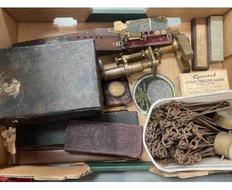 Collection of various scientific instruments, microscope, cased sovereign scales, primes stove etc