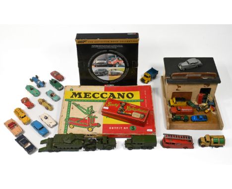 A collection of play worn Dinky toys and others together with Corgi James Bond Collection, Sooty Xylophone, Meccano outfit nu