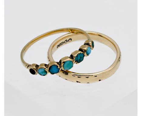 A 9ct gold wedding band, 1.48g together with a turquoise set ring unmarked (lacks one stone)