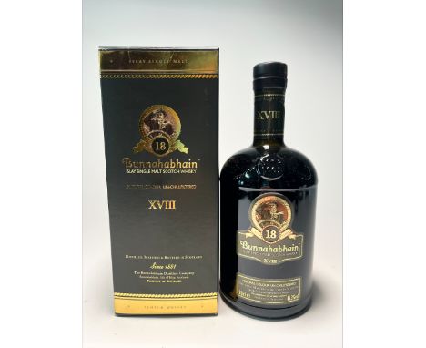 A bottle of Bunnahabhain Islay Single Malt Scotch Whisky XVIII, The Bunnahabhain Distillery Company (est. 1881), aged 18 year