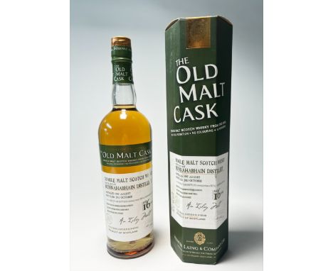 A bottle of The Old Cask Single Malt Scotch Whisky, distilled at Bunnahabhain Distillery (est.1881), Hunter Laing Company, di