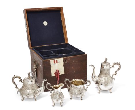 A four piece Victorian silver tea set, London, 1860, Robert Hennell III, in fitted Hunt & Roskell wooden box, the set compris