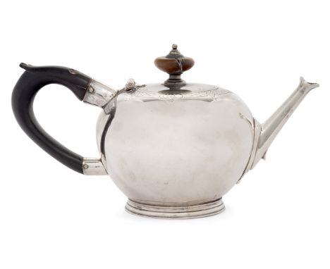 A George II silver bullet-shaped saffron teapot, London, 1732, Edward Pocock, of rounded form with faceted spout and wooden f