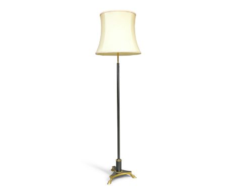 A French adjustable steel and brass standard lamp, late 20th century, on tripod base with hoof feet, with shade, 122cm high l