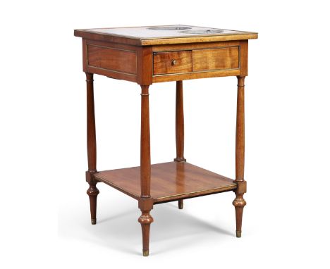 A French mahogany Rafraichissoir, third quarter 19th century, brass mounted, the marble top with two wine coolers, above sing