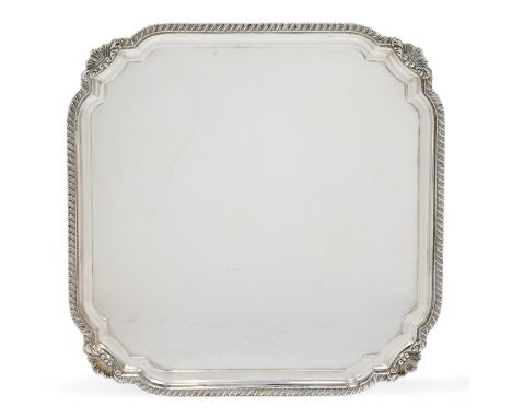 An Asprey & Co. silver salver, London, 1994, of shaped square form with applied gadroon and shell border, 30.6 x 30.6cm, appr