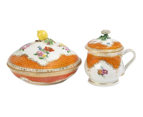 A Vienna porcelain écuelle and cover and a chocolate-cup and cover for the Turkish market, c.1800 and 1816, blue shield marks